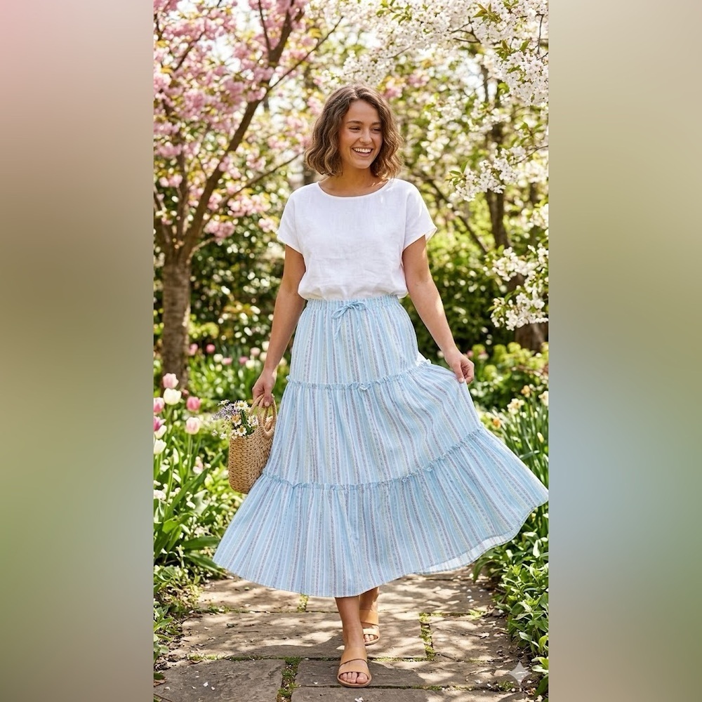 Celebrity Pink Light Blue Striped Tiered Maxi Skirt